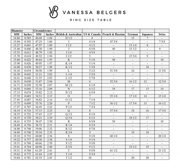 Ring size table, Vanessa Belgers Design